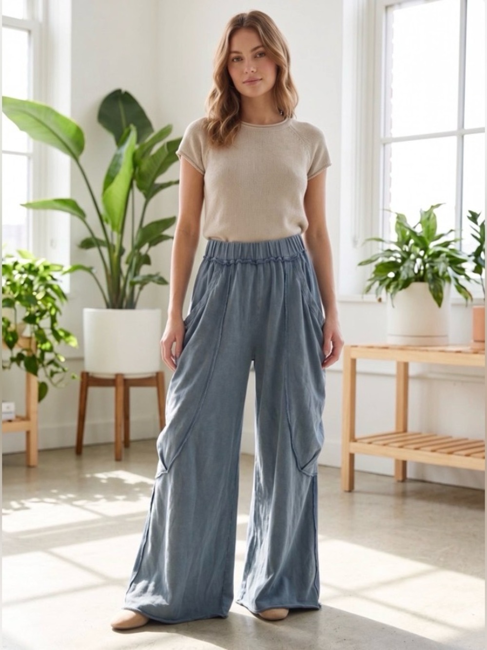 Boho Wide Leg Bug Pocket Lounge Pants ~ Slate Blue